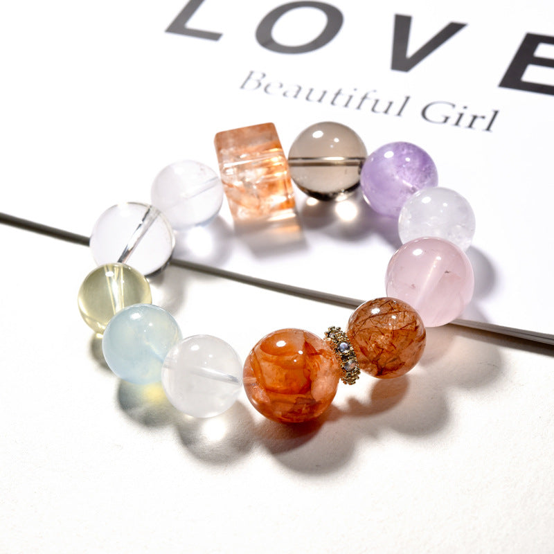 Natural crystal bracelet, large multi-treasure amethyst aquamarine red glue flower single circle bracelet.