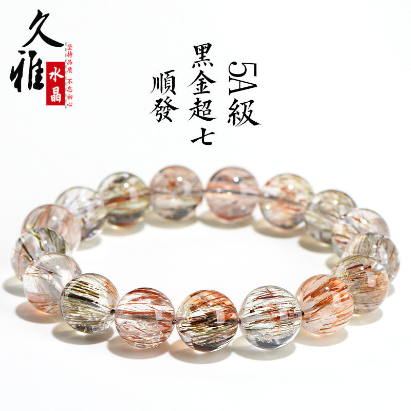 Natural crystal 7A grade smooth hair black gold super seven round bead bracelet, black gold bracelet.