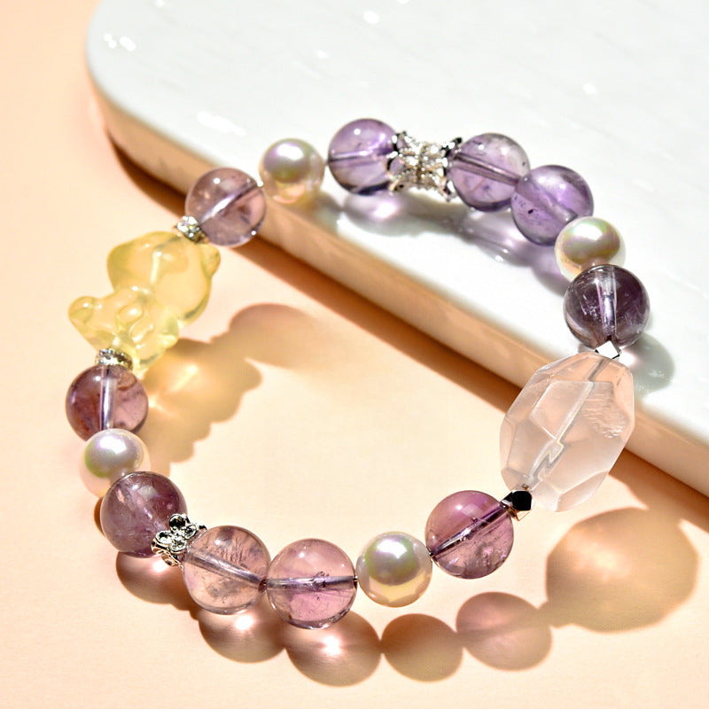 Natural amethyst bracelet, citrine bear, fresh and cute girls gift, lucky powder bracelet.