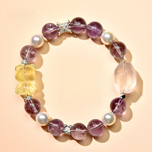 Natural amethyst bracelet, citrine bear, fresh and cute girls gift, lucky powder bracelet.