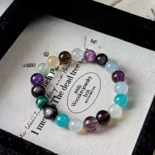 Natural multi-treasure crystal bracelet, amethyst moonstone green ghost aquamarine jewelry.