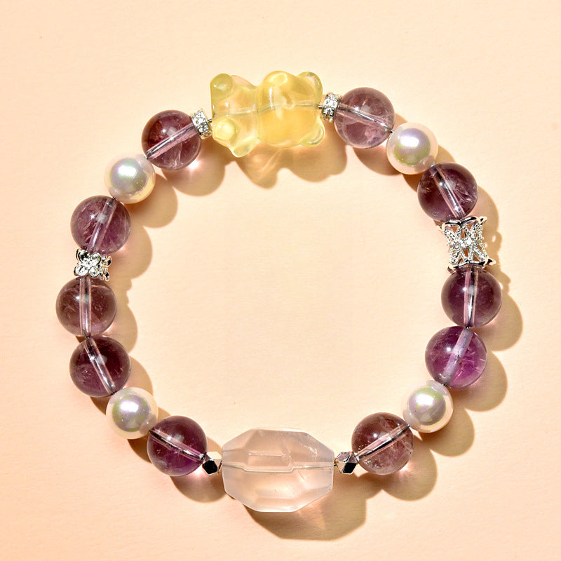 Natural amethyst bracelet, citrine bear, fresh and cute girls gift, lucky powder bracelet.