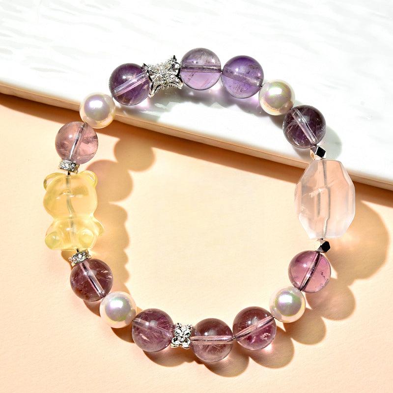 Natural amethyst bracelet, citrine bear, fresh and cute girls gift, lucky powder bracelet.