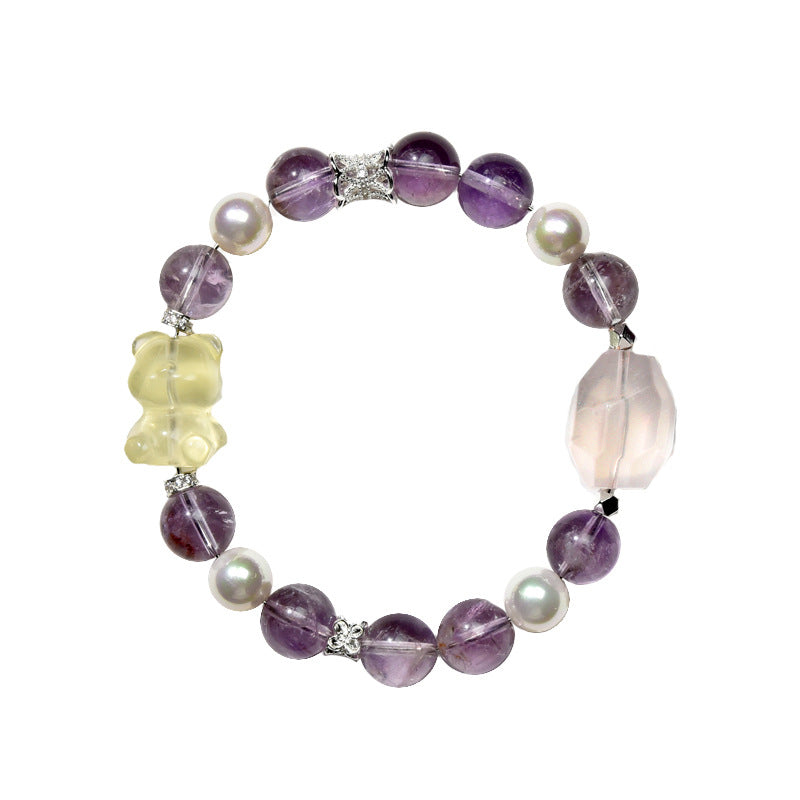 Natural amethyst bracelet, citrine bear, fresh and cute girls gift, lucky powder bracelet.