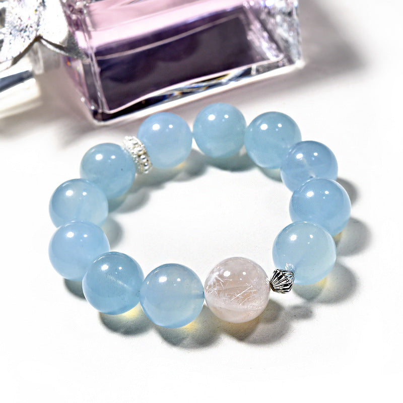 Aquamarine natural crystal bracelet women with pink snowflake ghost simple design high sense versatile fashion