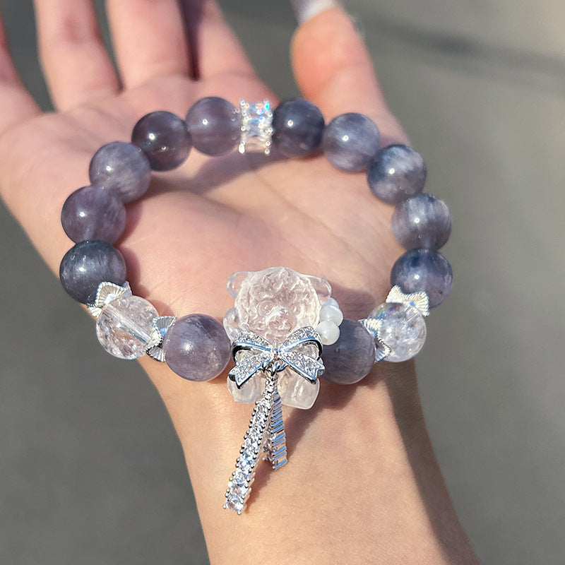 Natural brushed fluorite bracelet, white crystal bear bracelet.