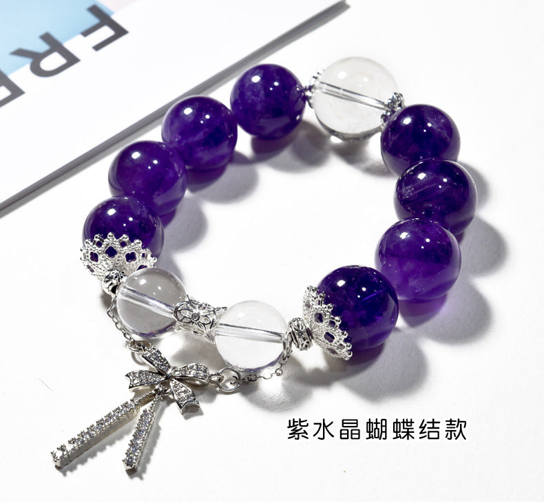 Natural amethyst bracelet micro-inlaid bow niche light luxury powder crystal aquamarine bracelet.
