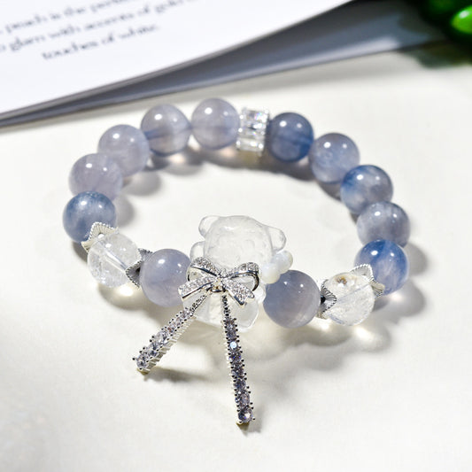 Natural brushed fluorite bracelet, white crystal bear bracelet.