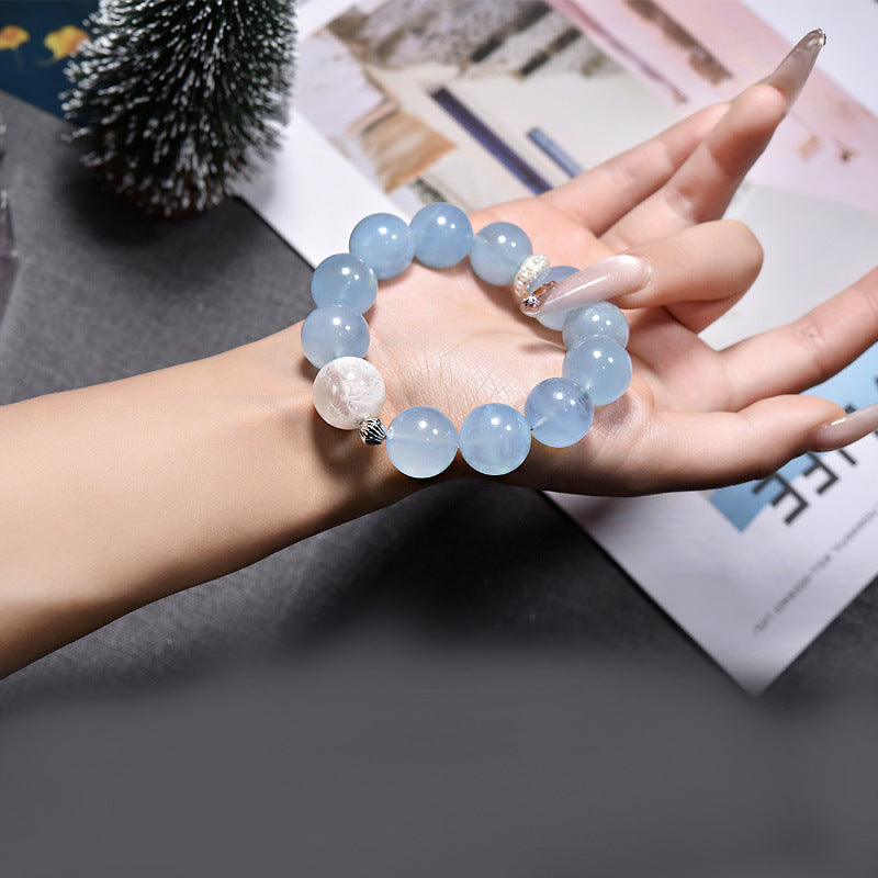 Aquamarine natural crystal bracelet women with pink snowflake ghost simple design high sense versatile fashion