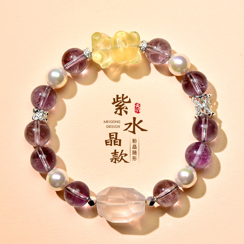 Natural amethyst bracelet, citrine bear, fresh and cute girls gift, lucky powder bracelet.