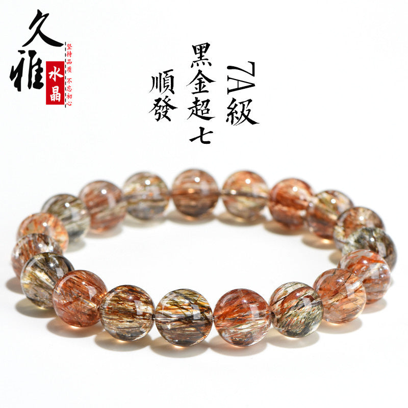Natural crystal 7A grade smooth hair black gold super seven round bead bracelet, black gold bracelet.