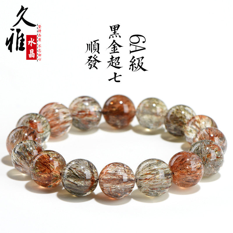 Natural crystal 7A grade smooth hair black gold super seven round bead bracelet, black gold bracelet.