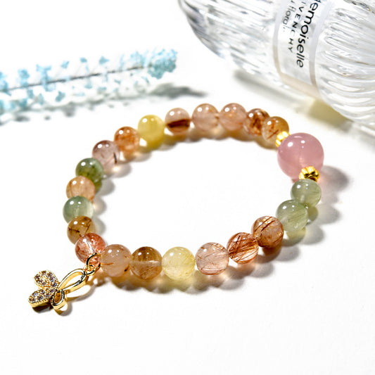 Natural crystal bracelet, pink crystal micro-inlaid butterfly bracelet, women's beaded jewelry.