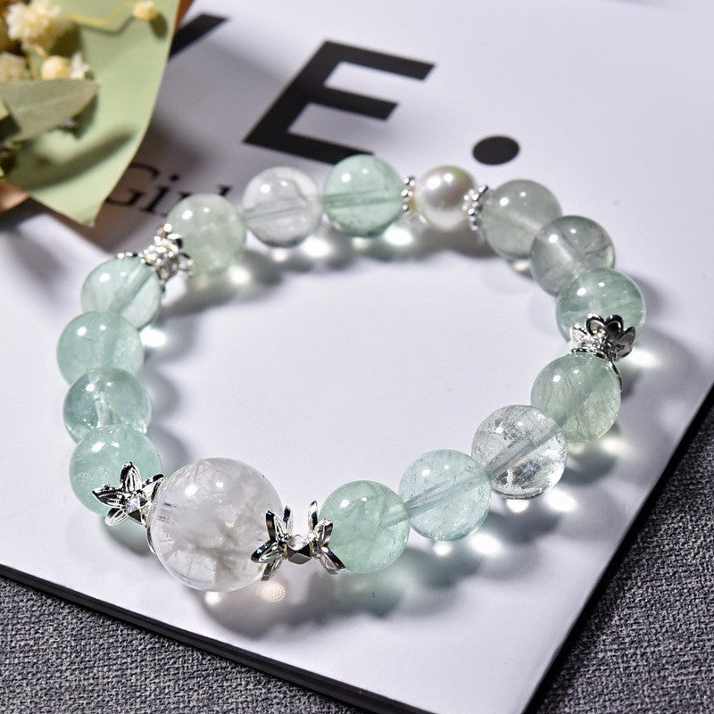 Natural brushed fluorite bracelet, blue light color fluorite crystal bracelet with micro-inlaid beads DIY fashion jewelry.
