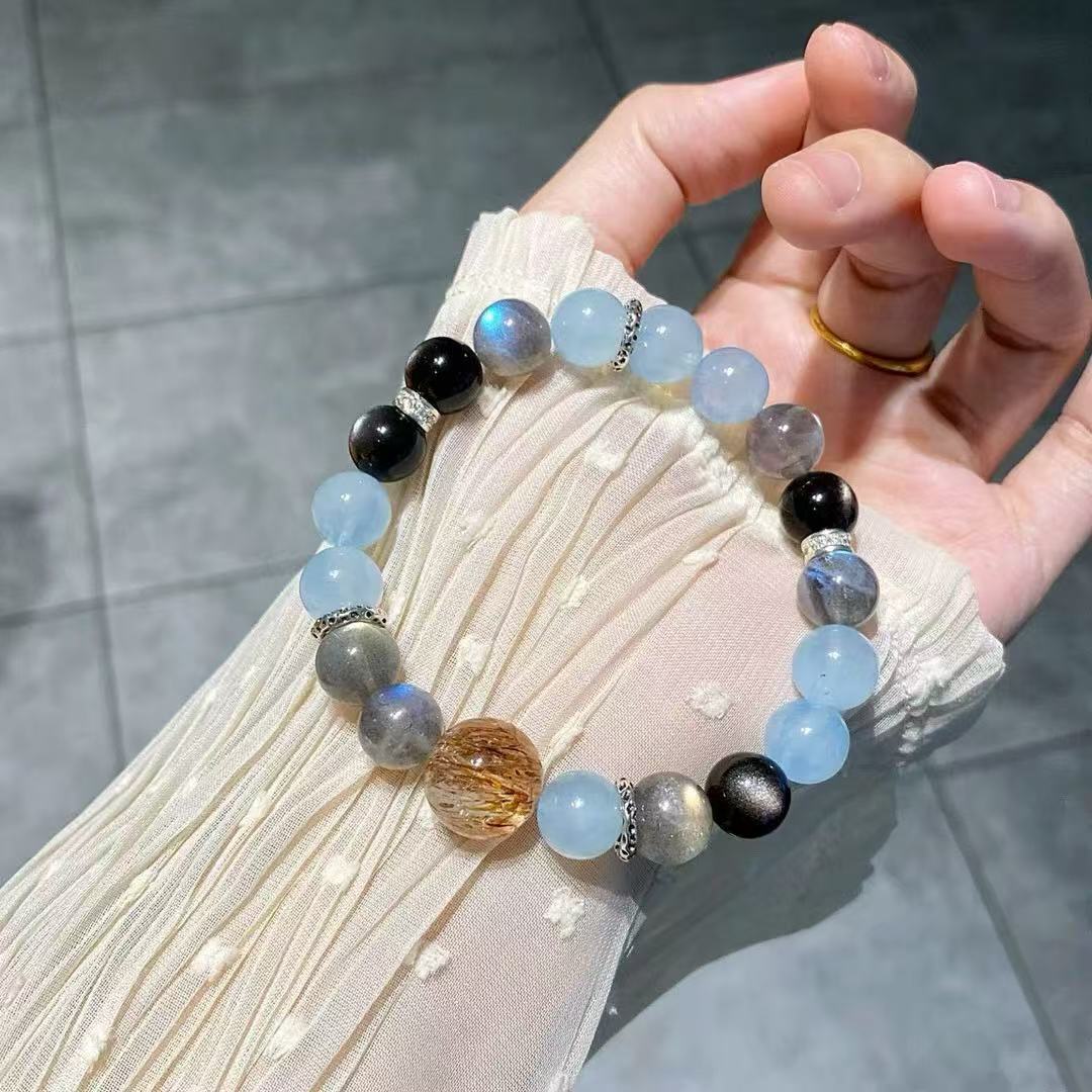 Natural Aquamarine Green Fluorite Green Asai Grey Moonstone Silver Obsidian White Ghost Purple Asai Bracelet Delicate Bracelet