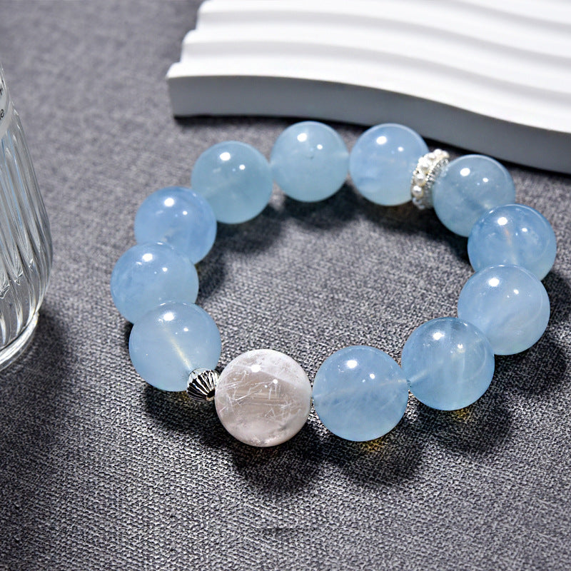 Aquamarine natural crystal bracelet women with pink snowflake ghost simple design high sense versatile fashion
