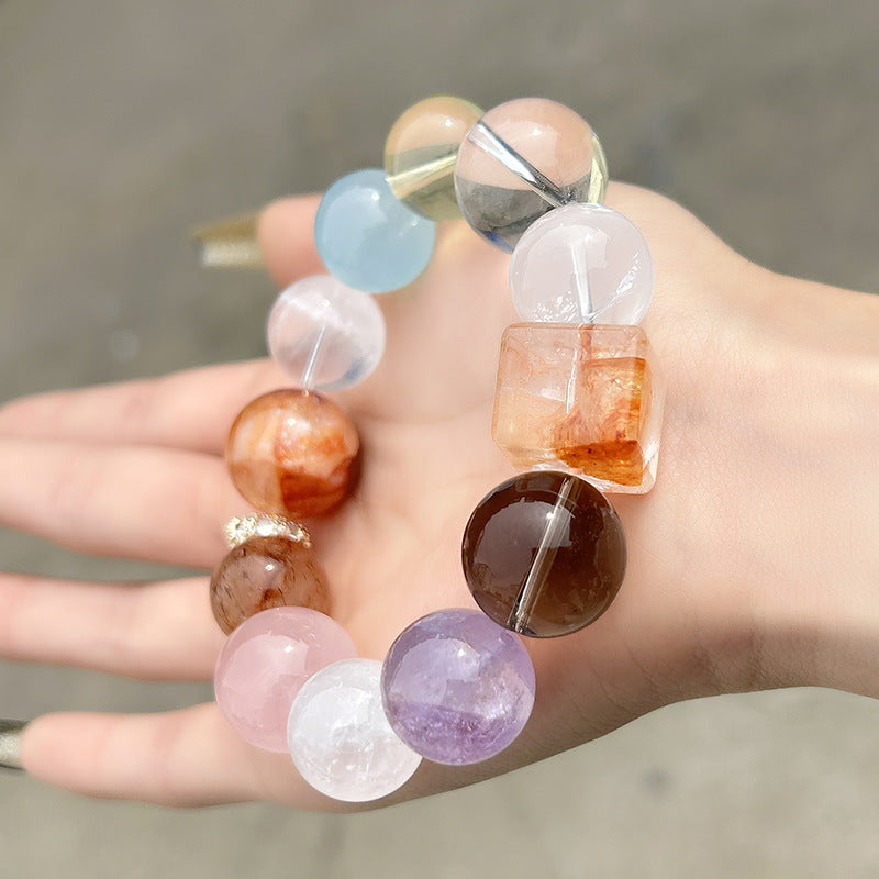 Natural crystal bracelet, large multi-treasure amethyst aquamarine red glue flower single circle bracelet.