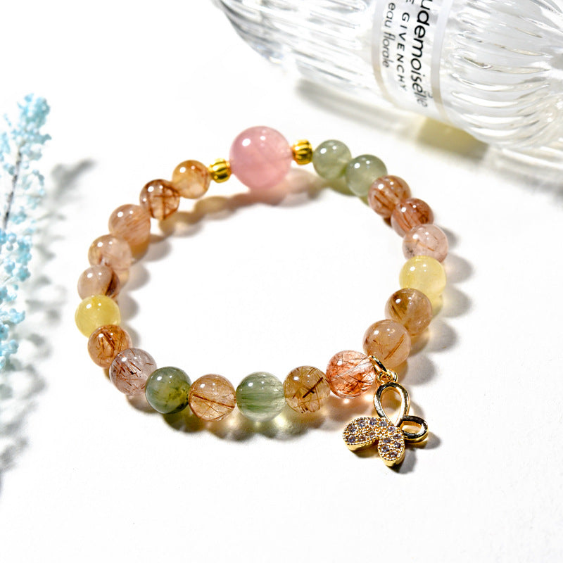 Natural crystal bracelet, pink crystal micro-inlaid butterfly bracelet, women's beaded jewelry.