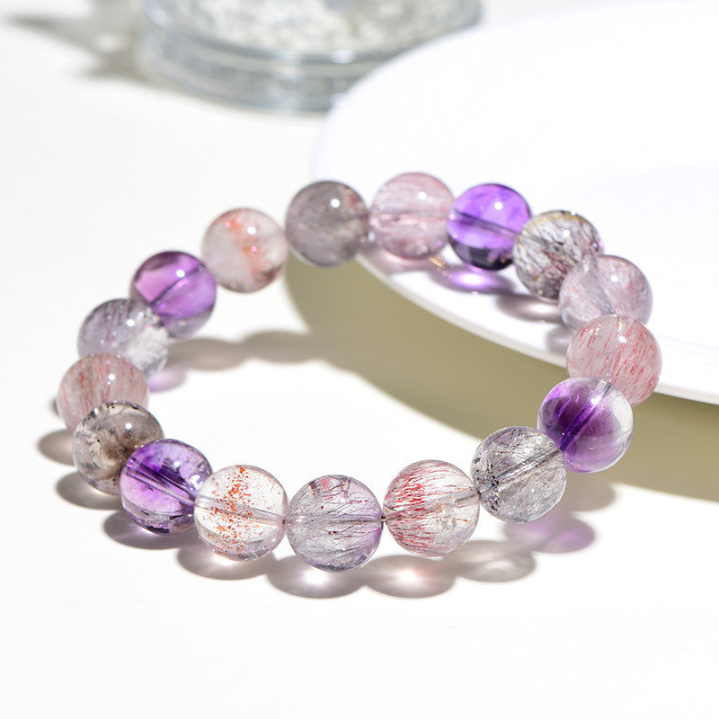 Natural 6A Macaron Super Seven Hair Crystal Round Bead Bracelet