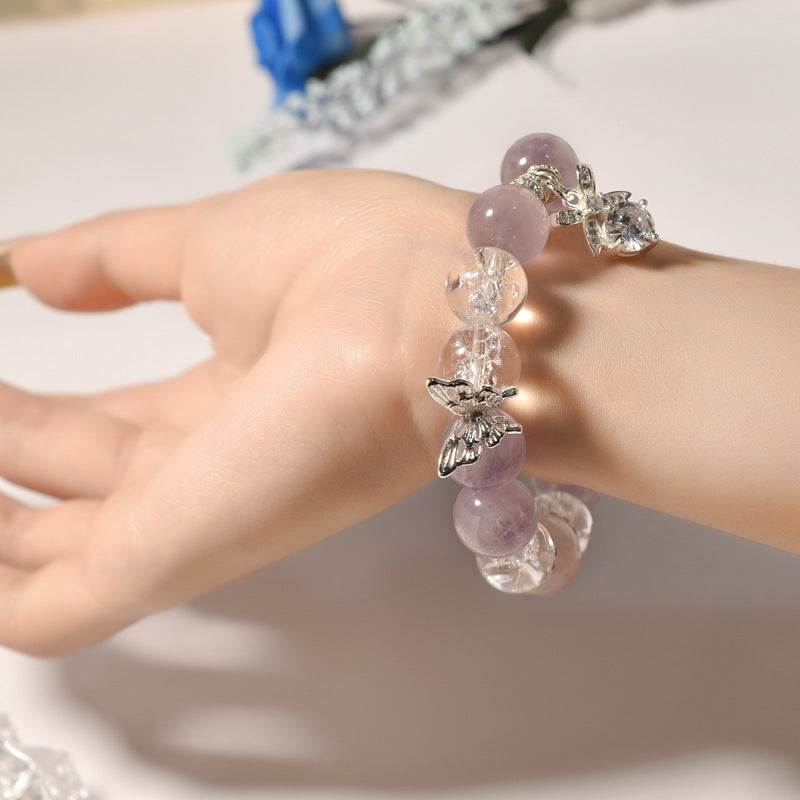 Natural purple rabbit fur crystal bracelet with butterfly accessories design amethyst bracelet