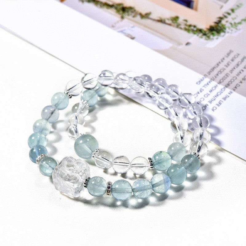 Natural brushed fluorite bracelet, blue light color fluorite crystal bracelet with micro-inlaid beads DIY fashion jewelry.