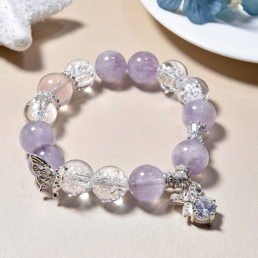 Natural purple rabbit fur crystal bracelet with butterfly accessories design amethyst bracelet