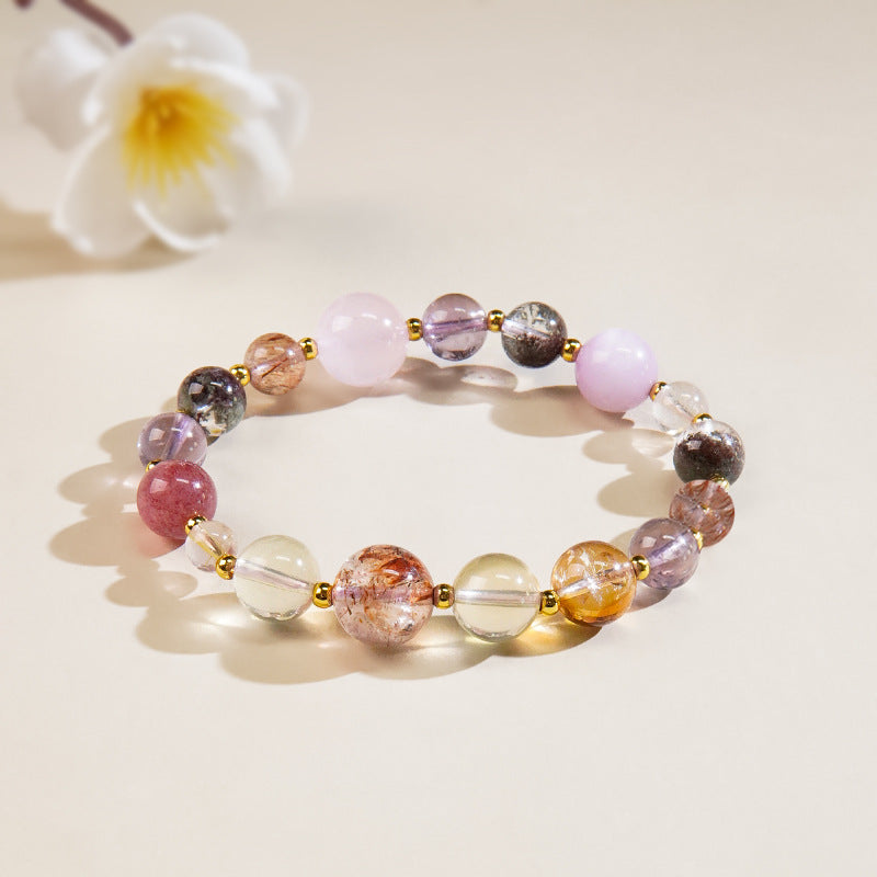 Natural black gold super seven crystal grand slam bracelet, female rough stone genuine light luxury high-end sense amethyst multi-treasure bracelet.