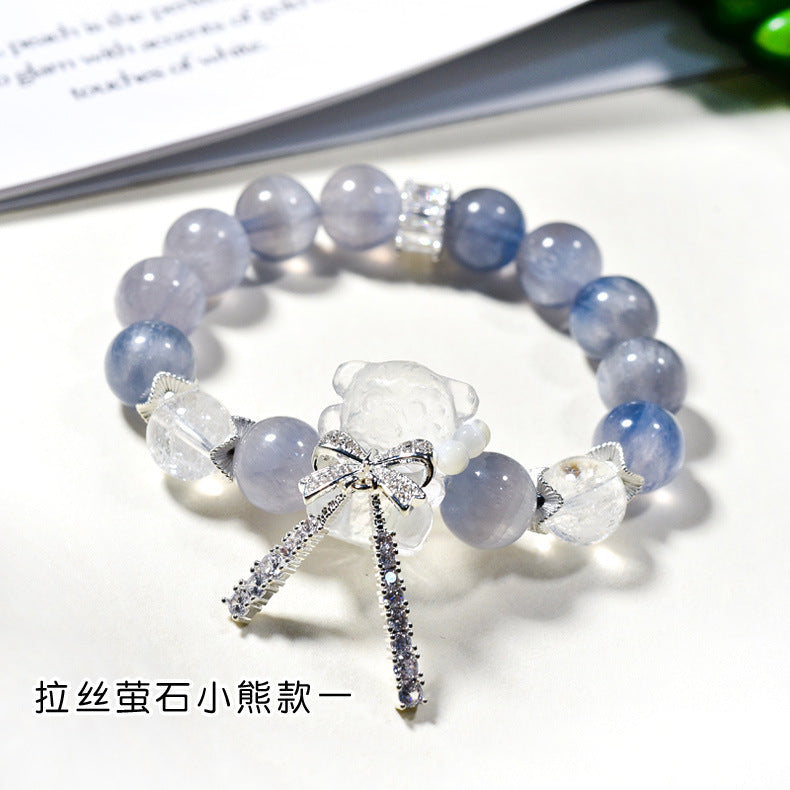 Natural brushed fluorite bracelet, white crystal bear bracelet.
