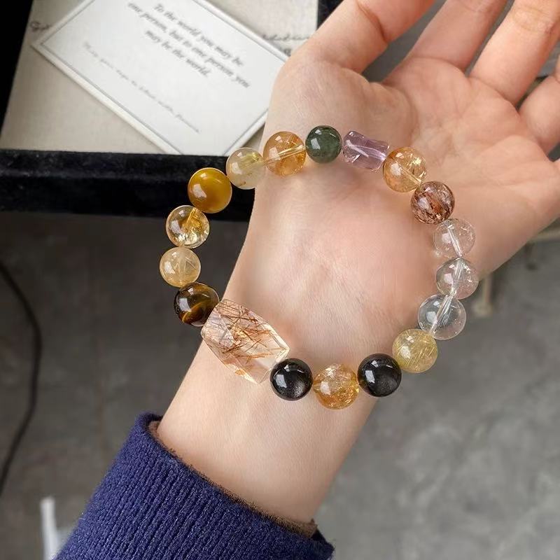 Natural multi-treasure crystal bracelet, amethyst moonstone green ghost aquamarine jewelry.