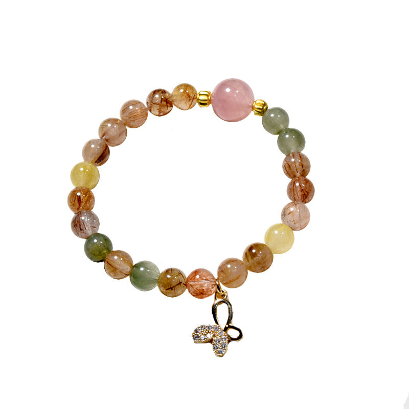 Natural crystal bracelet, pink crystal micro-inlaid butterfly bracelet, women's beaded jewelry.