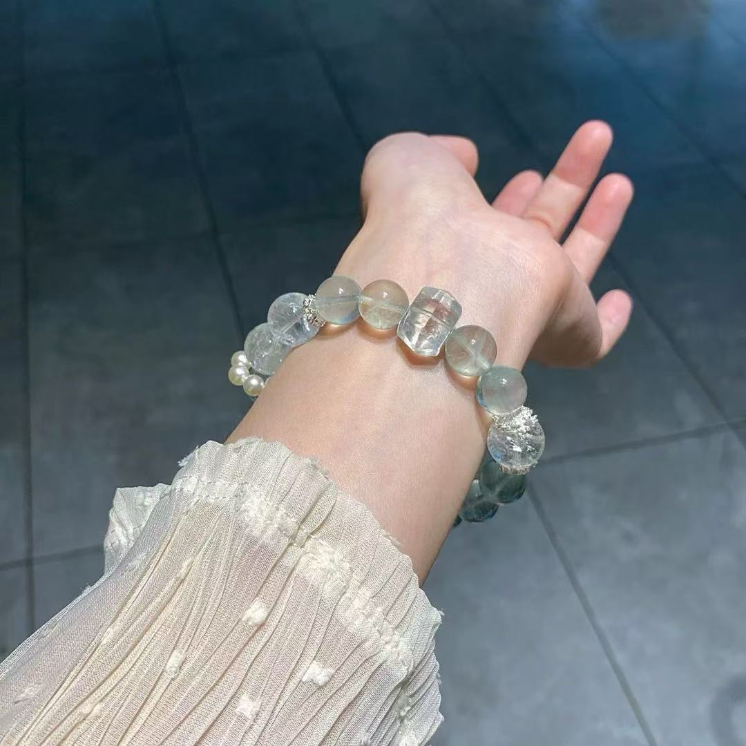 Natural Aquamarine Green Fluorite Green Asai Grey Moonstone Silver Obsidian White Ghost Purple Asai Bracelet Delicate Bracelet