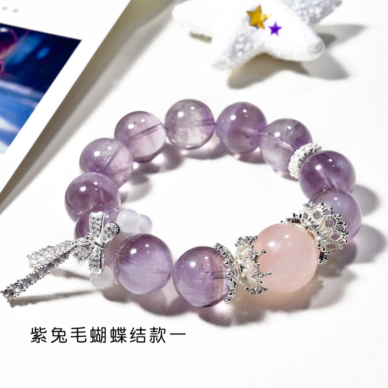 Natural Purple Rabbit Hair Bracelet Light Luxury Lavender Crystal Bracelet