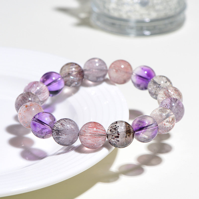 Natural 6A Macaron Super Seven Hair Crystal Round Bead Bracelet