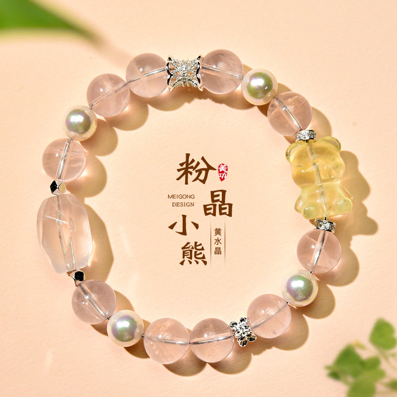 Natural powder crystal bracelet, citrine bear bracelet, fashionable women's love gift.
