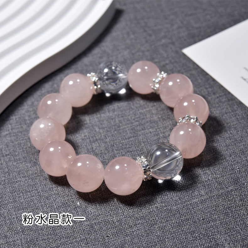 Horse powder bracelet, peach blossom luck powder crystal bracelet, white crystal transfer beads, sweet and beautiful women's bracelet.