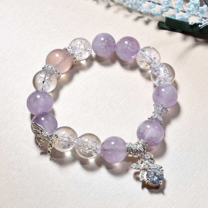 Natural purple rabbit fur crystal bracelet with butterfly accessories design amethyst bracelet