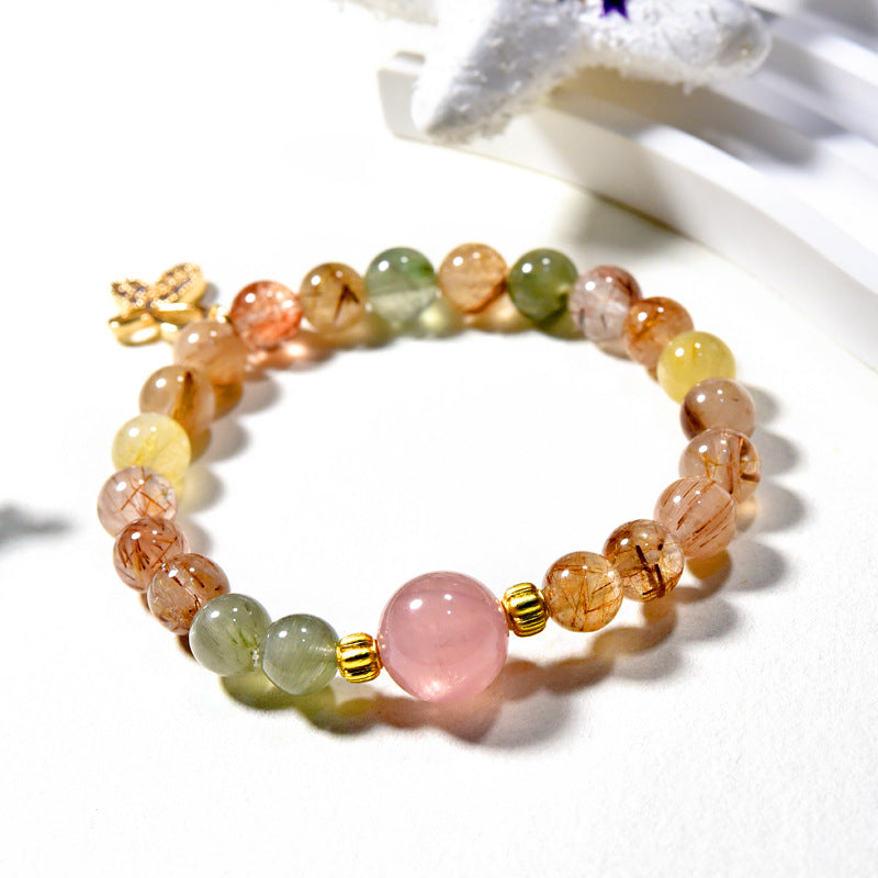 Natural crystal bracelet, pink crystal micro-inlaid butterfly bracelet, women's beaded jewelry.