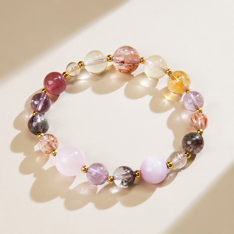 Natural black gold super seven crystal grand slam bracelet, female rough stone genuine light luxury high-end sense amethyst multi-treasure bracelet.